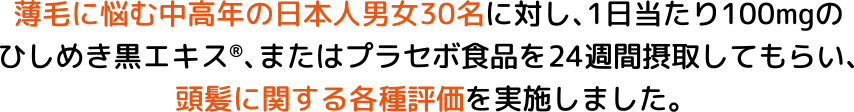 「ひしめき黒エキス」とプラゼボ食品を24週間摂取し頭髪に関する各種評価を実施